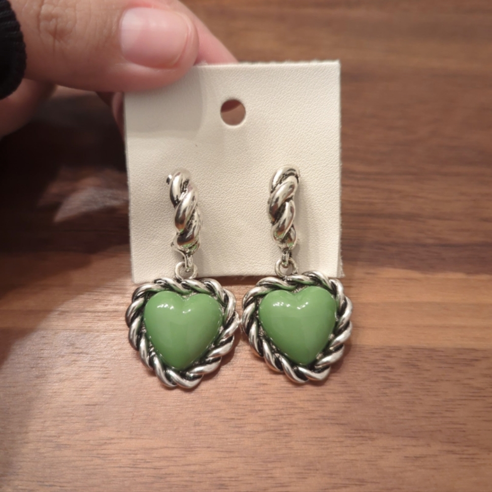 Free People Power Hoops Heart Earrings - green / silver, NWT, 1 pair